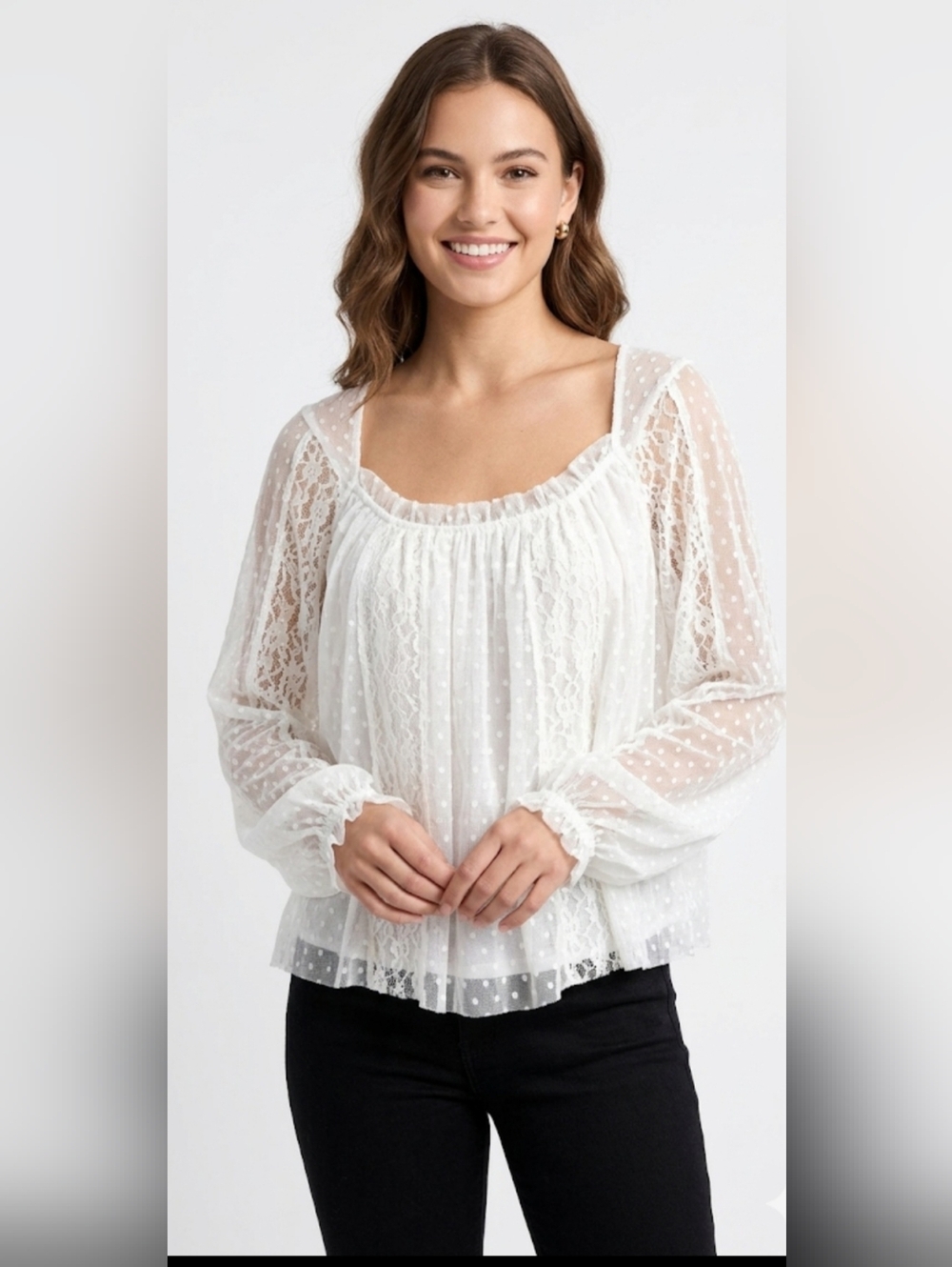 Free People White Lace Swiss Dot Peasant Blouse - Women's Top Size M.